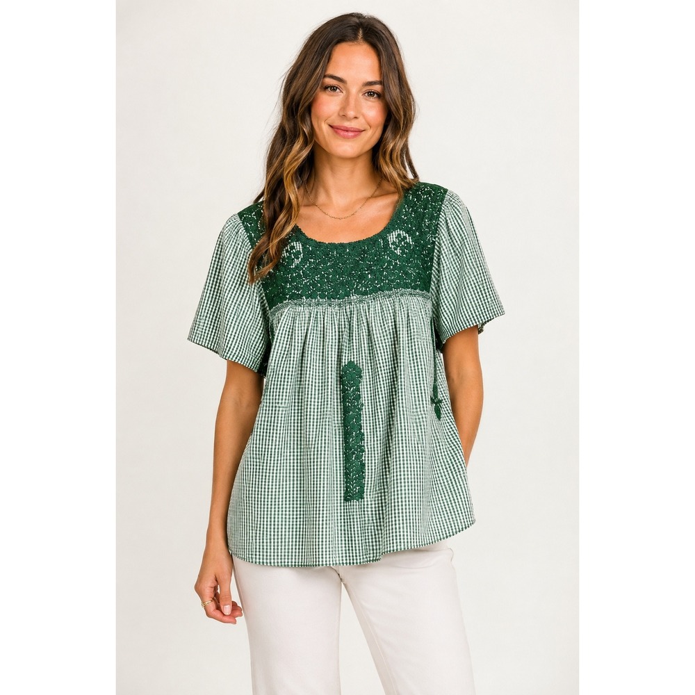 Mi Golondrina Mexico Green Gingham Hand Embroidered Flutter Sleeve Top 1X